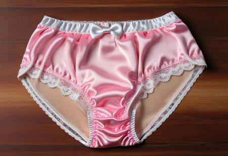 Realistic, very high quality RAW photography, intricate and exquisite details and textures, highly detailed and ultra detailed photography, warm lighting, 4k, high resolution, detailed skin, detailed eyes, pink women's panties with a white bow, lace panties, pink satin panties, on a wooden background, warm light