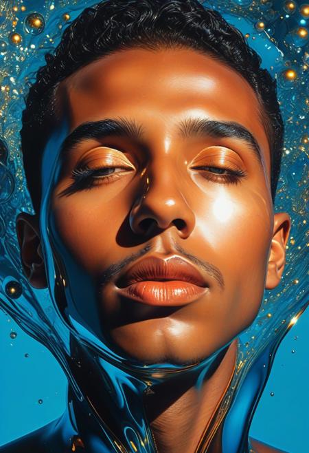 Smooth Quality, ArsMJStyle, Colored pencil hyperdetailed realism, close-up portrait of a man, medium complexion, with a serene, contemplative expression. His eyes are closed, and his, 
lips are slightly parted in a tranquil pose. The manas face and upper torso are depicted in a stylized, abstract manner, 
resembling a liquid metallic surface. Vibrant colors, including gold, orange, and various shades of blue, create a, 
dynamic interplay. Numerous reflective bubbles of various sizes and shapes encapsulate and adorn his features, reflecting, 
lights and colors that amplify the visual impact. The background is a deep teal blue, creating a stark contrast with, 
the vibrant colors of the subject. All textures focus on smooth, reflective surfaces and shimmering metallic effects., 
Camera angle is a close-up, focusing on the face with visible details. The style is modern, abstract, and ethereal, 
suggesting a liquid or metallic dreamlike quality. A sense of calm and tranquility permeates the image., 
Visual style references surrealism, abstract art, and liquid metal digital art, with a focus on a reflective and, 
polished aesthetic, <lora:clear:1>, <lora:FF.101.juggernautXL_version6Rundiffusion.LORA:1>, <lora:Hyperdetailed_Colored_Pencil:1>, <lora:SDXLDetailer:1>