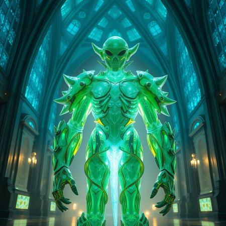 Masterpiece 5 protozoa/humanoid, bioluminescence translucent  body, with no ears and no nose, 32k, 16k, 8k, masterpiece, cinematic art, Kaiju bioluminescence translucent armor, standing inside a bioluminescence translucent cathedral,