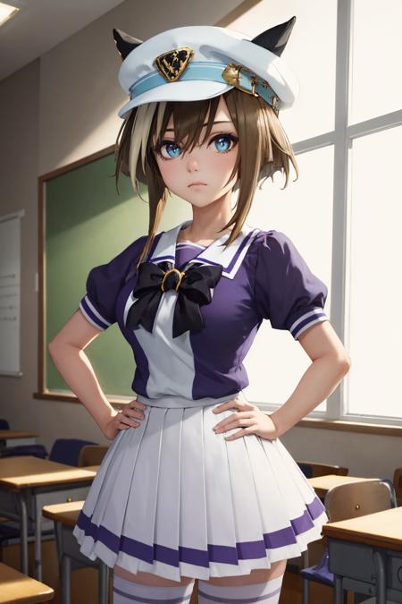 (masterpiece, best quality:1.2), solo, 1girl, chevalgrand, expressionless, looking at viewer, hand on hip, hat, horse ears, tracen school uniform, purple shirt, puffy short sleeves, white skirt, white thighhighs, horse tail, indoors, classroom <lora:umamusume_chevalgrand-10:1>