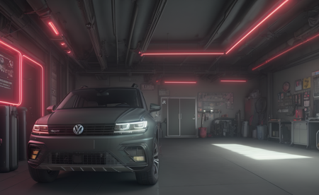-looking through a window inside a garage, dark matte-gray volkswagen tiguan II ((2024)) suv car, (with red neon glowing tires)  car license plate adjacent to the text DE VW 270, city view, cyberpunk, futuristic, octane, render, cgi, global illumination, vibrant colors, best quality, highly detailed,cinematic scene, stunning colors, ultra detail, HD, soft lighting, intricate, very detailed, pixiv, 4k, high quality
 <lora:texta:1> logo, text,
