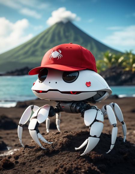 cinematic film still artwork, toon, digital art of white robotic crab, wearing red baseball cap  with heart logo on head, tropical post-apocalyptic island with volcano in bg . shallow depth of field, vignette, highly detailed, high budget Hollywood movie, bokeh, cinemascope, moody, epic, gorgeous, film grain, grainy