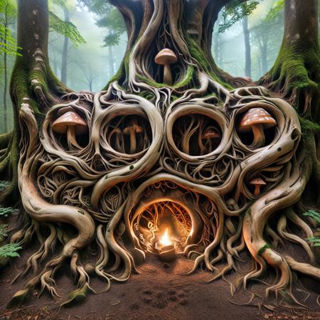 ancient tree throne carved from fused roots, bark detailing forming twisted faces, throne nestled deep in underground grove, glowing mushrooms dot the base, arcane runes etched into the wood, mist rising from soil, PG-TR