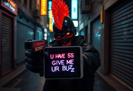 Cyberpunk criminal with glowing red glass fiber mohawk and black skull mask, glowing red eyes, black leather coat, in cyberpunk street alley, aiming gun at viewer showing futuristic ipad with neon text on it "U HAVE 5S TO GIVE ME UR BUZZ", neon lights, night, wet asphalt