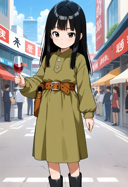 DBS-mai, black hair, long hair, black eyes, DBS-mai outfit,  green dress, belt, black boots,