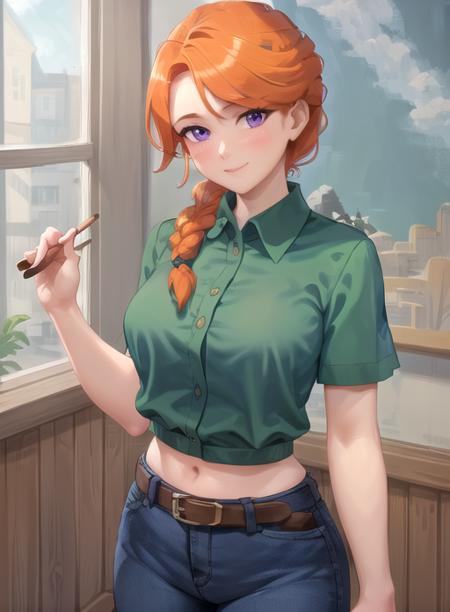 best quality, (masterpiece),(ultra-detailed), (high quality), (high resolution),   <lora:leah:0.7>,1girl, bare shoulders, belt, blue pants, blue sky, blush, braid, breasts, collared shirt, hair over shoulder, holding, leah, long hair, looking at viewer, midriff, mushroom, orange hair, paintbrush, pants, purple eyes, shirt, shirt tucked in, short sleeves, simple background, single braid, smile, solo, green shirt,