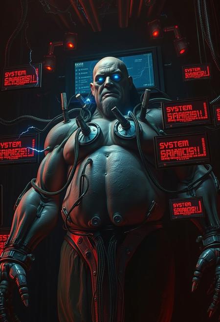Big tall old sexy gay musclechub granddad, HR Giger sci-fi horror film, dark cinematic sci-fi atmosphere, blame! Megastructure by tsutomu nihei, biomechanic cyborg plugged into machine with many big cables and colorcoded wires, multiple robotic arms coming out of his back like a god of illusion, huge tubes connected to body, organic fleshy components and pale wet skin with large musclefibers, machine god embedded into huge cybernetic throne, glowing blue eyes that emit electric lightning, short-circuit, thunderbolts, red glowing Datastream surrounding cables, screen in back with a lot of binary code on it, red holographic screens with errorcode and exclamation marks floating around  god, one screen displaying "SYSTEM BREACH!", calm serene stoic expression on machine gods face