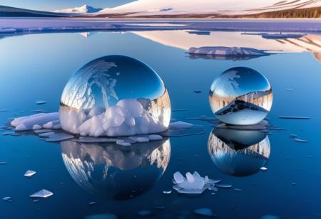 this is formed mercury mirrored spheres embedded in quartz formation in a frozen lake with crystal ice, magnificent abstract modern polarity
