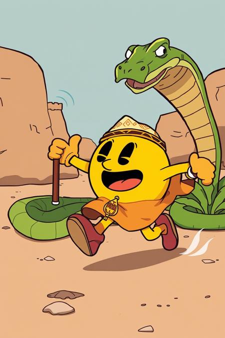 illustration of pacman dressed as a Moroccan snake charmer running away from a big snake, cartoon, detailed,