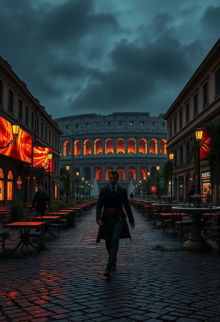 An abandoned piazza in Italy under a dusky, ash-filled sky, blending the grandeur of ancient Roman architecture with a futuristic dystopian flair. The once vibrant café tables are overturned, vines overgrow marble fountains, and digital screens display fragmented, eerie propaganda in glowing red and gold. Cracked cobblestones reflect the dim light of flickering street lamps. In the distance, a shadowy, towering colosseum-like structure hums with the sound of advanced machinery, its arches filled with cascading holograms of surveillance data. A lone figure in a tattered trench coat and cybernetic implants wanders through the empty square, silhouetted against the distant glow of molten lava flowing through futuristic aqueducts. The atmosphere is haunting, melancholic, and heavy with history, as though the echoes of Italy’s past are at war with its oppressive future.