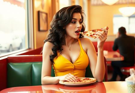 april o'neil is in a diner eating pizza, she is wearing a yellow jump suit, there is side boob, imaginative and sexy