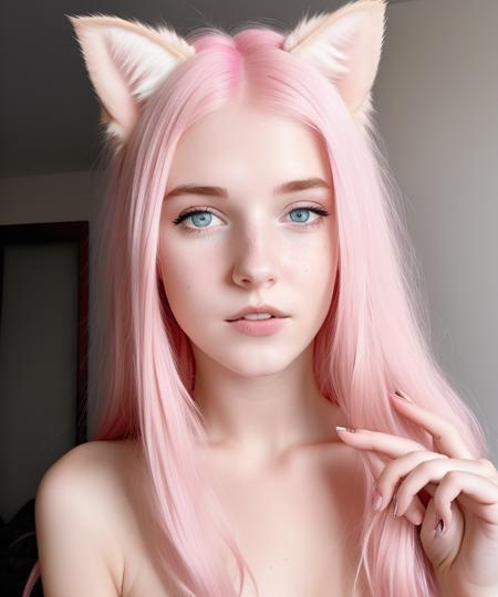 <lora:KawaiiFox:0.7> a girl 25 y.o, pink hair, cat ears, small breast, naked, open mouth, hand near face, intricate details, hyperdetailed, (natural skin texture, hyperrealism, soft light, sharp)