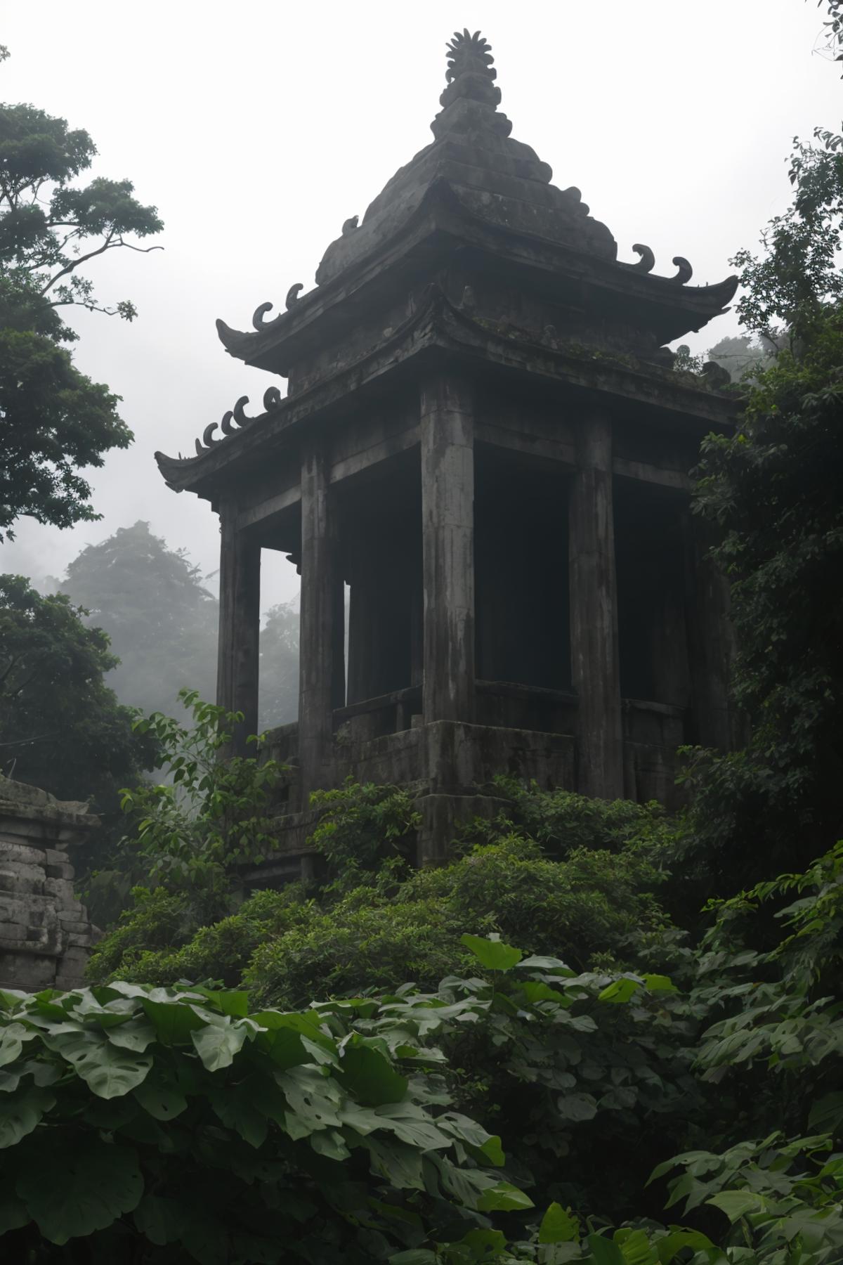 Ancient Stone Tower with Asian Decoration and Green Moss, Foggy Forest, Misty Mountains in the Background