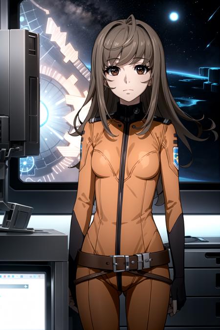 best quality, masterpiece, detailed,
<lora:SpaceBattleshipYamato2199_MisakiYuria:0.9>, MisakiYuria,
closed mouth,
brown hair, long hair, brown eyes,
MisakiBodysuit, orange bodysuit, belt,
standing, looking at the viewer,
science fiction, night, starry sky