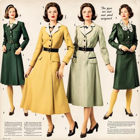 solo, vintage fashion magazine page from the post-war era, featuring a woman elegantly dressed in the style of the time. The image captures the essence of historical fashion trends with a dress that exemplifies the era's design - perhaps a mid-length A-line skirt with a fitted waist, paired with a chic blouse or a smart jacket. The page shows signs of aging: its edges are slightly tattered, the paper has yellowed, and there are subtle but charming speckles and streaks, suggesting a well-preserved relic from a bygone era, resonating with the nostalgia and elegance of post-war fashion, , <lora:postwarfashion:0.6> ,<lora:rppc:0.8>