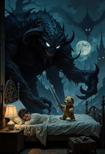 score_9, score_8_up, score_7_up, 8k high quality digital painting, masterpiece, very detailed, ultra realistic, (best quality) very detailed epic masterpiece, boris vallejo style, frank frazetta style, realistic oil painting, retro artstyle, full body, 1a little boy sleeps peacefully in his bed, a cute little teddy bear is standing on the bed and defends the sleeping boy with a wooden sword against a dark threatening shadow in the room, the teddy is facing the shadow, sideview, night, a small table night lamp provides warm light, many black dangerous looking shadows (complete black shadows of dangerous big creatures:1.4) with glowing eyes are in the room surrounding the bed, night, the teddy is protecting the sleeping boy from the shadows, threatening and challenging the shadows, moonlight through the window, warm light from the bedside lamp (bedside lamp:1.2), very dark, dangerous, threatening but cute, fairytale-like, realistic detailed oil painting style Rembrandt style, Vermeer style, heroic fantasy, realistic, realism, full body