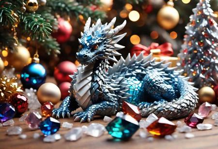 shards dragon siting next to a pile of   crystal gems, under a Christmas tree, highly detailed clean, beautiful detailed intricate, 8K,