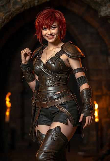 A high quality full body photo of a lithe tomboyish woman in her early twenties with short messy red hair and grey eyes.
She is wearing strappy brown leather armor and thigh high brown leather boots.
Her stance is dynamic as if ready for a fight. She has a wide grin on her face.
The background shows a dungeon lit by torches.