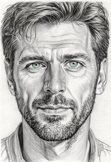 pencil sketch, man, male, AndrwTggrt, face shot, 42 years old, looking at viewer, handsome, beautiful, attractive,  green eyes, brown hair