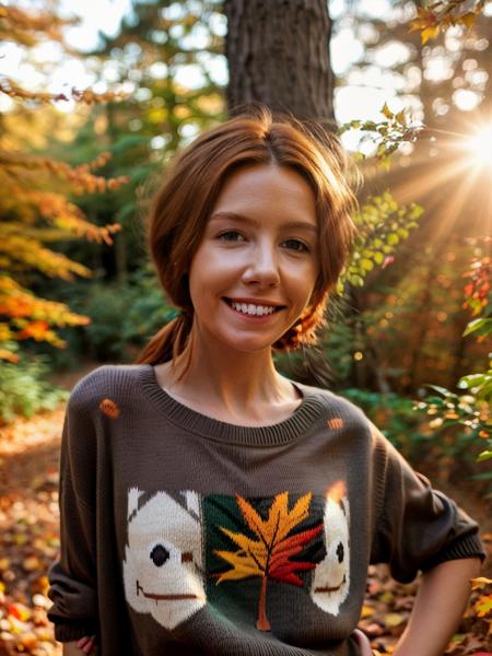 close-up portrait photo of ( St4c3yD00l3y , knitted sweater, smile+++, (light ginger hair)), (in a forest, autumn colors, warm sunlight)++, 8k uhd, high quality, dramatic, bokeh <lora:St4c3yD00l3y_V1:0.9>