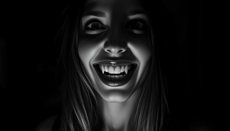 Comic book art , sharp contrasts between light and shadow, ( illustration  :1.2),UHD, 4k, ultra detailed, cinematic, a photograph of 1940's In Horror style Vampire Fangs a classic 1940's vampire woman with a vampire fangs smile on her bright over exposed face in a dark room, perfect image, perfect body, perfect anatomy, sharp image, detailed image, Kodak film, high quality photography, Vampire style, Fangs style, Horror style, solo, long hair, looking at viewer, smile, upper body, monochrome, greyscale, lips, fangs, photorealistic, teeth, epic, beautiful lighting, inpsiring