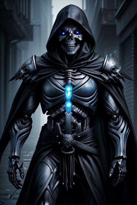 (masterpiece:1.2), best quality, high resolution, perfect lighting, extremely detailed, (Terminator assasin),  battle scared white and black carbon armor,  Wearing a dark cloak with hood, skull face just visable under hood, (very dim light blue eyes, eyes very dim blue glow), (full_armor fitted like a skeleton ribs design), humanoid, Metal Human skull head, (extreme detailed micro mechcanical scary Metal human skull design). Samurai sword shinning silver, Runes decorative embossments over his cloak, slim muscular body fast agile and stealthy, background a dark back street with subtle lighting and shadows, facing viewer, solo,