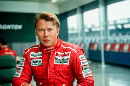 Photograph of Mika Hakkinen <lora:Mika Hakkinen V1:0.7>, red racing suit, dramatic, realistic, frown, high quality, intricate details, upper body shot, sitting at an airport waiting room, indoors, dark lighting, 4k, 1990's, retro