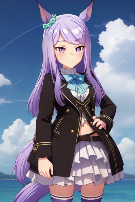 mejiromac,1girl, purple hair,horse tail,midum hair,<lora:test:0.7>,high quality,black   jacket, skirt,expressionless,blue sky background