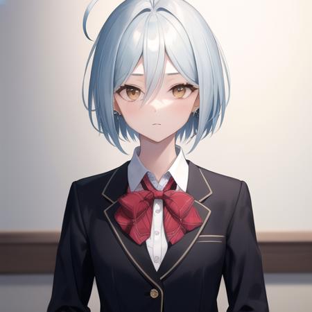 (masterpiece, best quality:1.2),illustration,8k,hd,1girl,solo,upper body,(portrait:1.2),school uniform,ahoge,skirt,looking at viewer,short hair,silver hair,bow,jewelry,jacket,red skirt,ring,pleated skirt,shirt,white shirt,brown eyes,bowtie,black socks,expressionless,red bow,socks,blazer,hair between eyes,<lora:Kannazuki Arin>,