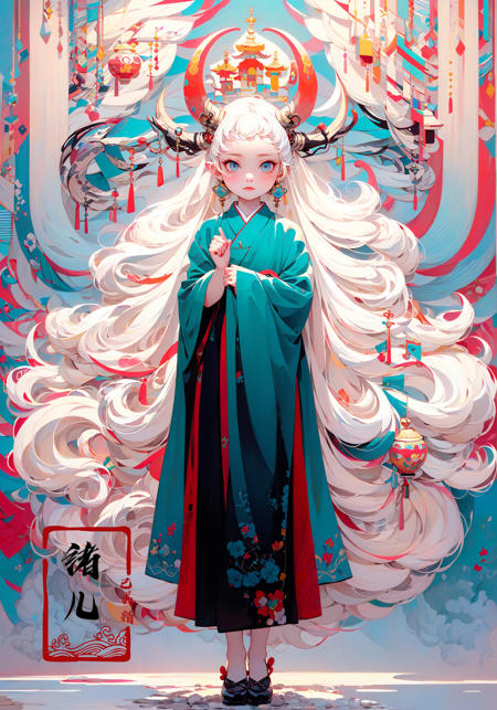 32K, Surreal, best quality, masterpiece, highres, original, extremely detailed wallpaper,
perfect lighting, UHD, white hair,Zhang Jingna,in the style of aggressive digital illustration, bold and colorful portraits, lit kid, Picasso,Hikari Shimoda(full body:1.2), (East Asian architecture:1.3)
(Blue road robe1.3)
<lora:~Q?-YG^{Zwith horns:0.8>