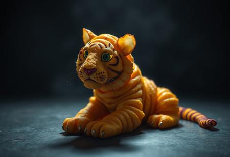 tigre formado por patatas fritas, colores vibrantes, aspecto tranquilo,  fondo oscuro, primer plano, iluminacion derecha, cuerpo de patatas, cortadas, rodajas, sentado mirando a la camara, fotografia cinematografica. Mas definicion de las patatas fritas mejorar el aspecto