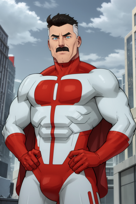 masterpiece, best quality, 1boy, omniman, black hair,  short hair, blue eyes, mustache, muscular, bodysuit, red cape, hands on hips, destroyed city, ruined city background <lora:Omniman:1>