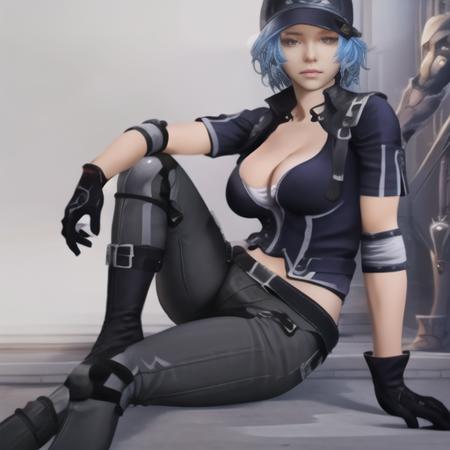 (masterpiece, best quality:1.2),illustration,8k,hd,1girl,solo,realistic,delicate face,beautiful detailed eyes,breasts,short hair,cleavage,gloves,hat,knee pads,large breasts,boots,blue hair,midriff,pants,shirt,short sleeves,grey hair,elbow pads,black pants,belt,<lora:Sophia-V1:0.8>,