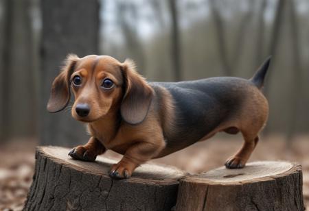 close-up macro-realism, photo-realistic, dachshund jumps over a tree stump lying on its side