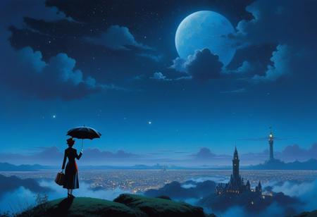 Surrealism, A serene, slender conductor with a dignified presence, standing on a misty, moonlit podium, surrounded by a symphony of twinkling, starry lights, with a gentle, ethereal glow illuminating their elegant attire, in the style of a dreamy, surreal mashup of Hayao Miyazaki's whimsy, Syd Mead's futuristic landscapes, and the soft, luminescent palettes of James Gurney's atmospheric paintings, Mary Poppins On A Cloud