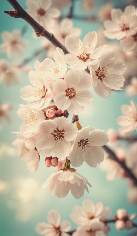 White cherry blossoms in New York City. Dramatic unusual scene. Beauty world. Retro filter and vintage style. Instagram toning effect, breathtaking photograph.