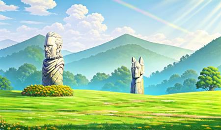 ( masterpiece:1.2), (best quality:1.2),Horizontal plate scene, grass, outdoors, no humans, scenery, sky, cloud, day, statue, tree, flower, blue sky, nature, mountain, yellow flower, sunlight<lora:Horizontal plate scene:0.6>