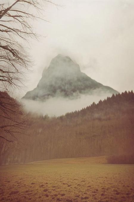 RA4_FujiCrystal, instagram photo. a foggy mountain, lord of the ring style, soft shadows, film grain
