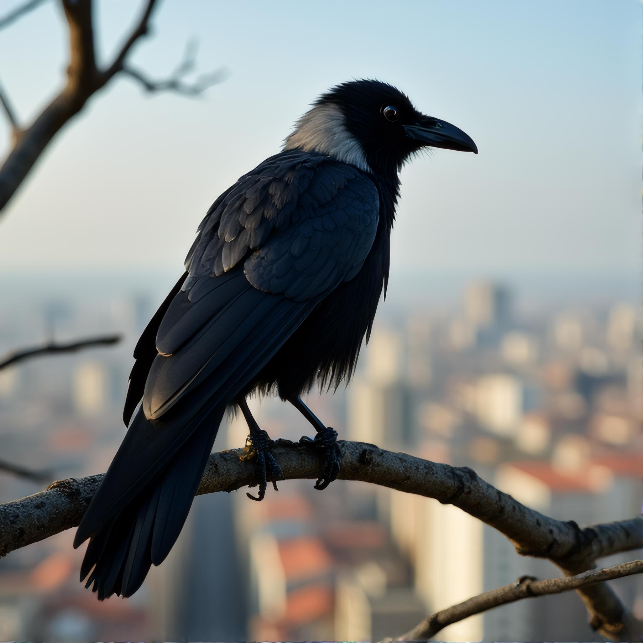 A crow perches on a branch, overlooking a bustling city. Its feathers are meticulously detailed, and its piercing eyes observe the cityscape below. The harsh sunlight casts long shadows, creating a sense of urban grit and mystery.