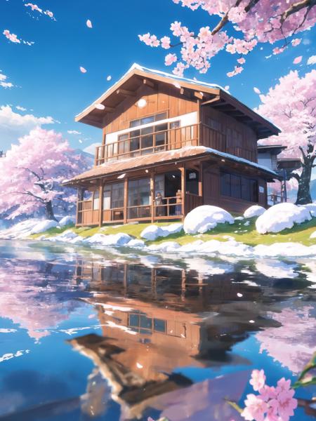 (masterpiece_1.2, best quality),ð,
//,
(((masterpiece))), (((8k wallpaper))), (((best quality))), close up, mountain, snow mountain, lake, ((delicate reflective water)), reflective lake, sunny day, sunlight, blue sky, coulds, Cirrocumulus, (delicate reflective wooden house), delicate reflective board, tile with snow, cherry trees, grass land, ((Brightly colored)), (floating cherry blossoms), (water wave), delicate wave, little wooden ship, the bank of a lake, delicate reflective floor, (realistic shadow),