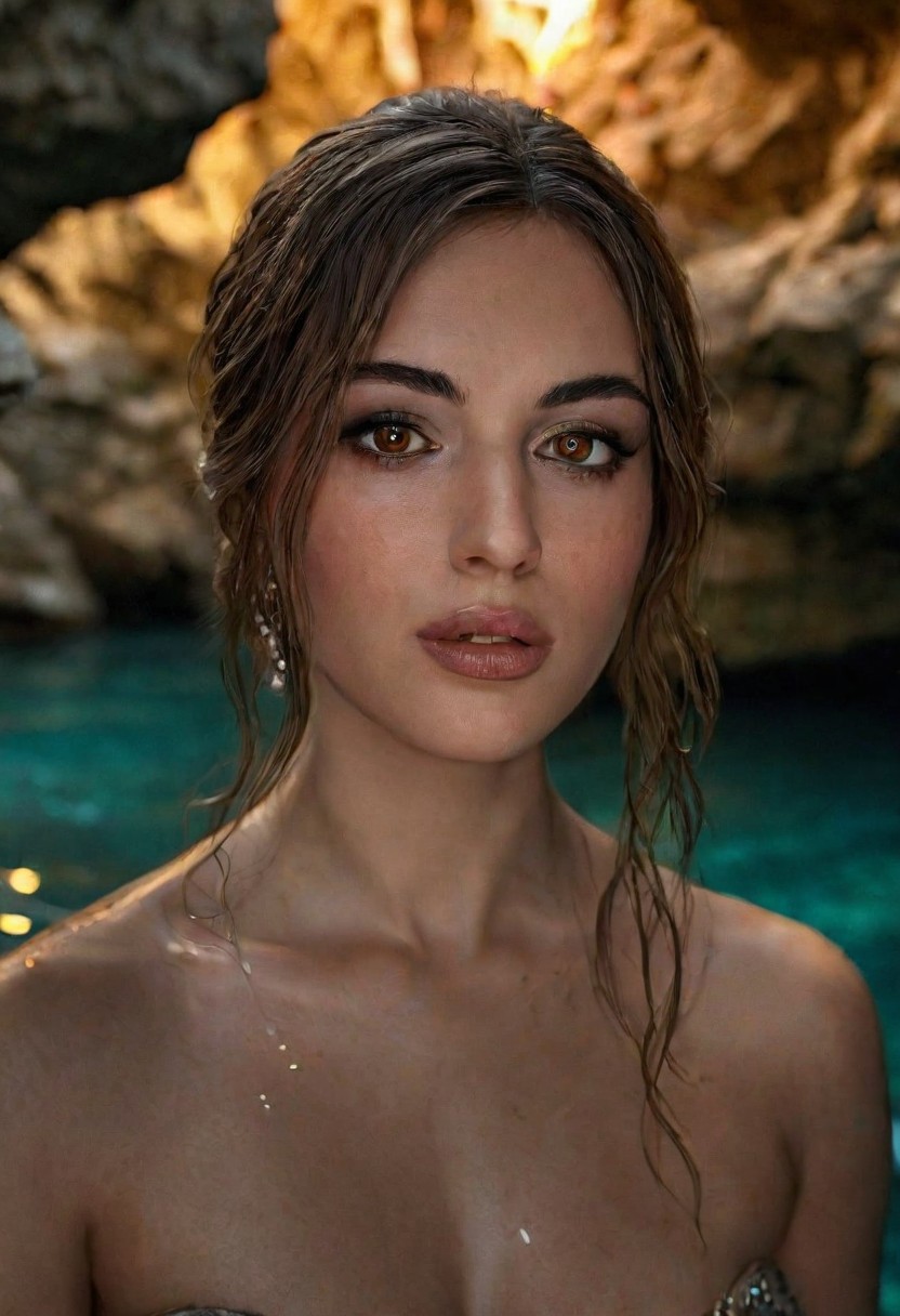 Photography of a sexy beautiful 1girl, eyeliner makeup style , brown hair_color , medium breasts, visible areolas and nipples, in hidden cave with glowing water , greek goddess, shot with Blackmagic Pocket Cinema Camera 6K Pro Cinema camera, light_particles, cinematic, dynamic_angle, depth_of_field, bokeh, HDR, 8K, RAW, best_quality, top_quality, hyperrealistic, photorealistic, ultra_detail, ultra_realistic, masterpiece, hi-res, absurd_res, high_quality_photography, source_photo, highly_detailed, very_aesthetic, beautiful, realistic, real_life.