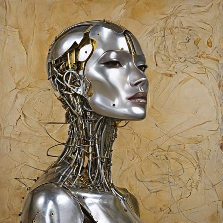 Surrealism, a Dali painting of a being, left side made of metal parts, right side looks human, frontview, looks like Grace Jones, art by Salvador Dali, expressive, dramatic, organic lines and forms, dreamlike, mysterious, Surrealism