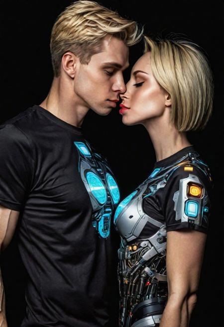 ( Ultradetailed desing T-Shirt square inside portrait woman and take only head Android man and kissing, Sci-Fi marc , 8k , tecnology detailed,chips, mechanism, beautiful neon colors , blonde and black hair, t-shirt desing:1.2)