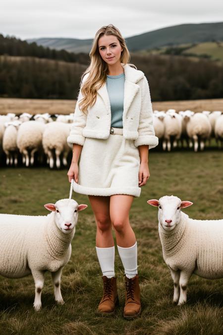 RAW photo,  ScotMurm <lora:ScotMurm:0.9> , a (portrait:1.2) of full body a cute woman as a sheep farmer, (high detailed skin:1.2), 8k uhd, dslr, soft lighting, high quality, film grain, Fujifilm XT3