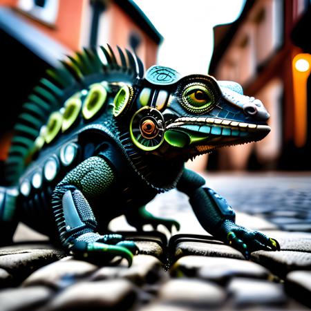 An intricate, high-detail photograph of a biomechanical cyborg iguana on a cobblestone street, taken with a Sigma 85mm f/1.4