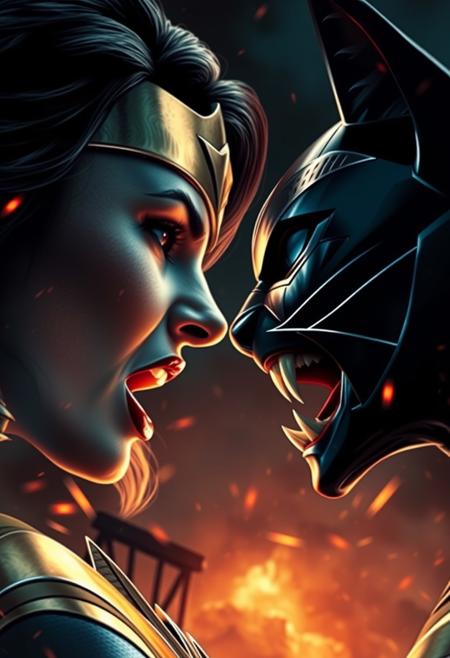 Wonder-woman and cat-woman screaming at each other, face closeup, chaos, apocalyptic, movie poster style, cinematic lighting