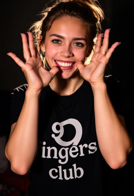 22yo woman showing her hends wearing shirt with text "9 fingers club", smiling, looking at viewer, dramatic light, dynamic angle