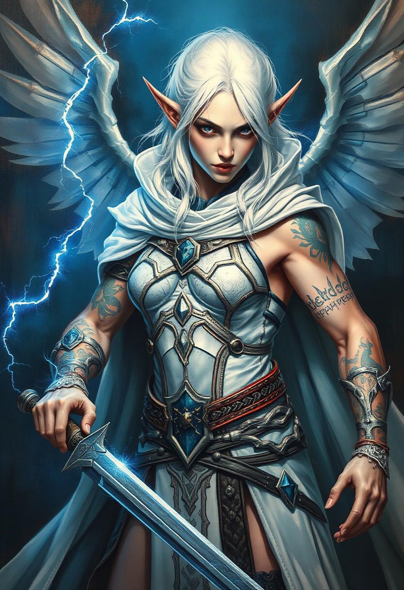 Dark fantasy style oil painting of a wild, fierce, savage, muscular, pale Valkyrie with elf ears woman with pure white skin, white hair, and blue eyes, female fighter with multiple scars wearing a white laether armor with white cape, she has no armor on arms, her muscular arms are covered with blue glowing tatoos, she is holding two sword, she is covered with blue glowing aura that releases lightning from it