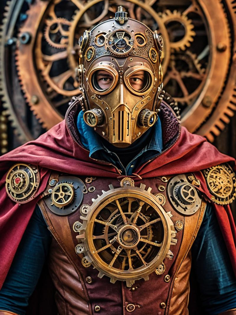 A man with a mask and cogs on his outfit.