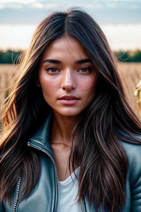 perfect cinematic shoot of a beautiful woman (EP4n3l14M00r:.99), a woman standing in a (modest corn maze), perfect high ponytail, wearing sexy (Powder Blue Faux shearling-lined moto jacket:1.2), (people in background:1.1), (detailed background:1.1), (face focus), modelshoot style, (extremely detailed CG unity 8k wallpaper), professional majestic (photography by Maureen Ruddy Burkhart:1.1), 24mm, exposure blend, hdr, extremely intricate, High (Detail:1.1), dramatic, soft cinematic light, (looking at viewer), (detailed atmosphere), 8k, highly detailed, rich environment, 4k textures, soft cinematic light, elegant, ((((cinematic look)))), soothing tones, insane details, hyperdetailed, ("Dreams into reality with SDKoh!":1.1), (epiCPhoto)